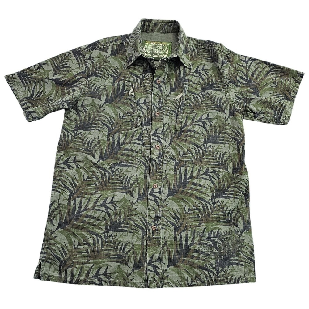 Vintage DrunknMunky Shirt Men's Large Camo Button Up Palm Leaves Ripstop Y2K